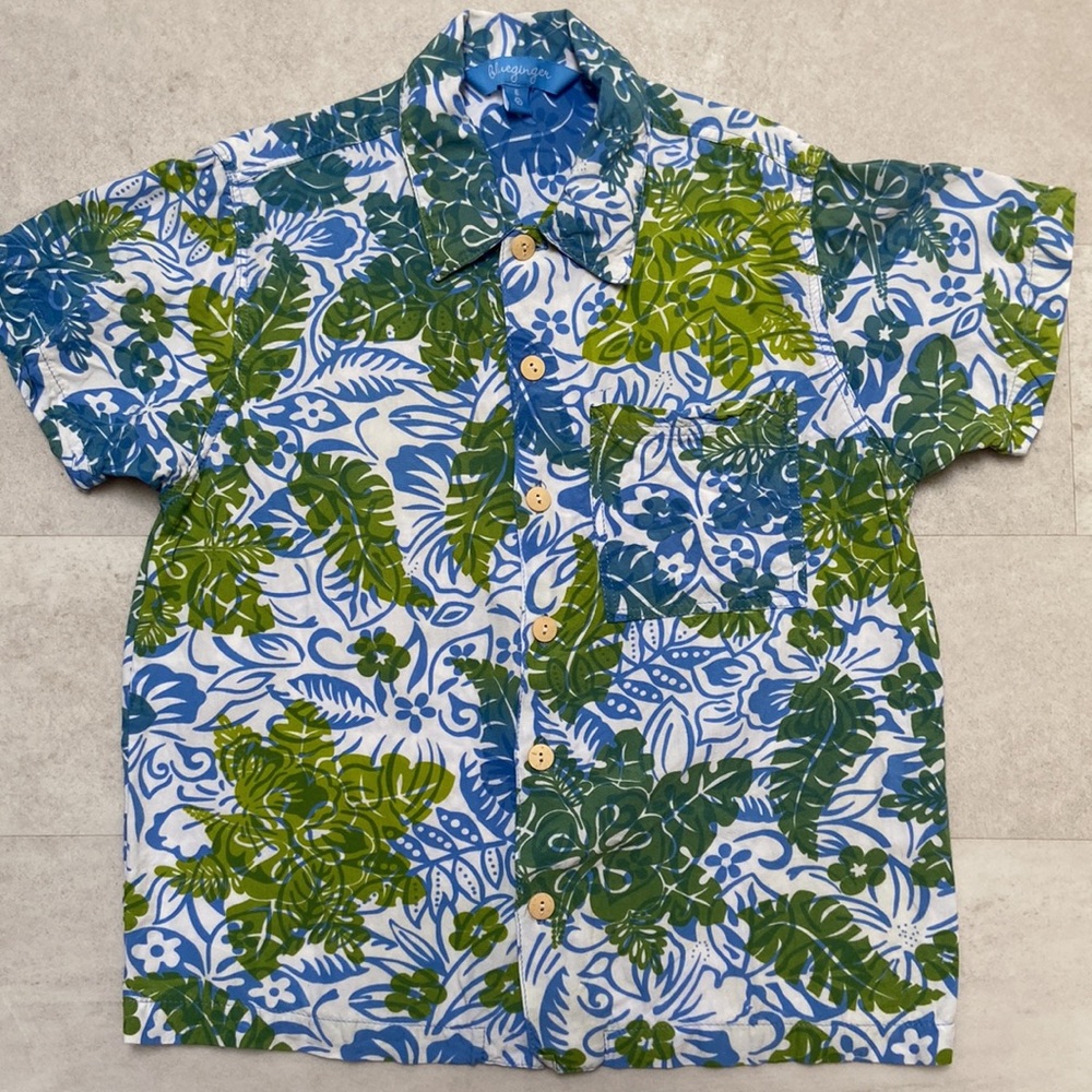 Blue & Green Tropical Button-Down Shirt - Kids